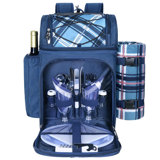 Hap Tim Picnic Basket Backpack for 2 Person with 2 Insulated Cooler Compartment, Wine Holder, Fleece Blanket, Cutlery Set, Gifts Ideals for Wedding, Housewarming, White Elephant, Bridal Showers