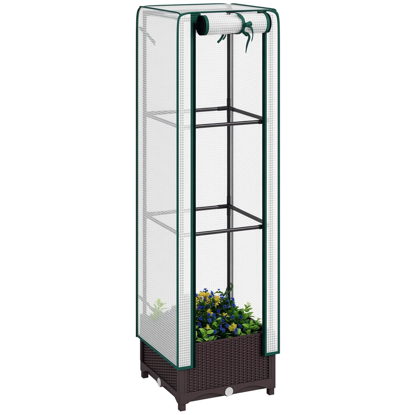 Outsunny Plastic Raised Garden Bed with Trellis, Outdoor Planter Box with PE Greenhouse Cover, Drainage Holes and Zipper Door for Climbing Plants, Herbs and Vegetables, 15.7" x 15.7" x 48.8", Brown