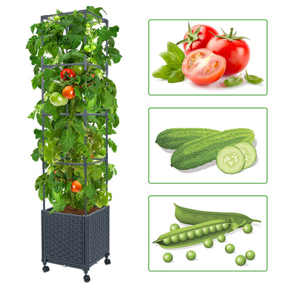 LINEX Raised Garden Bed Planter Box with Trellis, 56.7” Tomato Planters for Climbing Plants Vegetable Vine Flowers Outdoor Patio, Tomatoes Cage w/Self-Watering & Wheels
