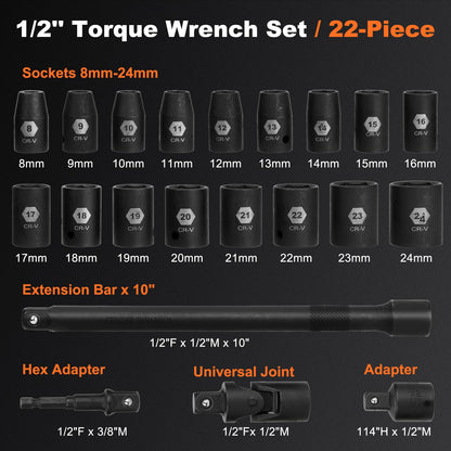 1/2-Inch Drive Torque Wrench Set 22PCS, 10-180FT.LB/13.6-244.1Nm, Click Torque Wrench Socket Set, 72-Tooth Dual-direction, ±3% Precision Adjustable Torque Wrench for Lug Nut, Bicycle, Moto, Car