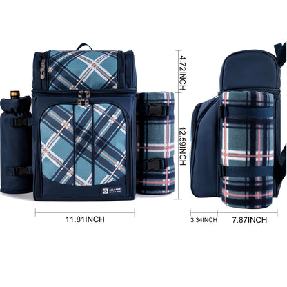 ALLCAMP Picnic Basket Backpack Cooler for 2 Person with 2 Insulated Cooler Compartment,Detachable Bottle/Wine Holder, Fleece Blanket, Plates and Cutlery for Family,Couple and Friend Gatherings (Blue)