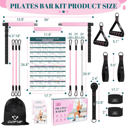 Pilates Bar Kit with Resistance Bands, Multifunctional Yoga Pilates Bar with Heavy-Duty Metal Adjustment Buckle, Portable Home Gym Pilates Resistance Bar for Women Full Body Workouts(20-150LBS)-Pink