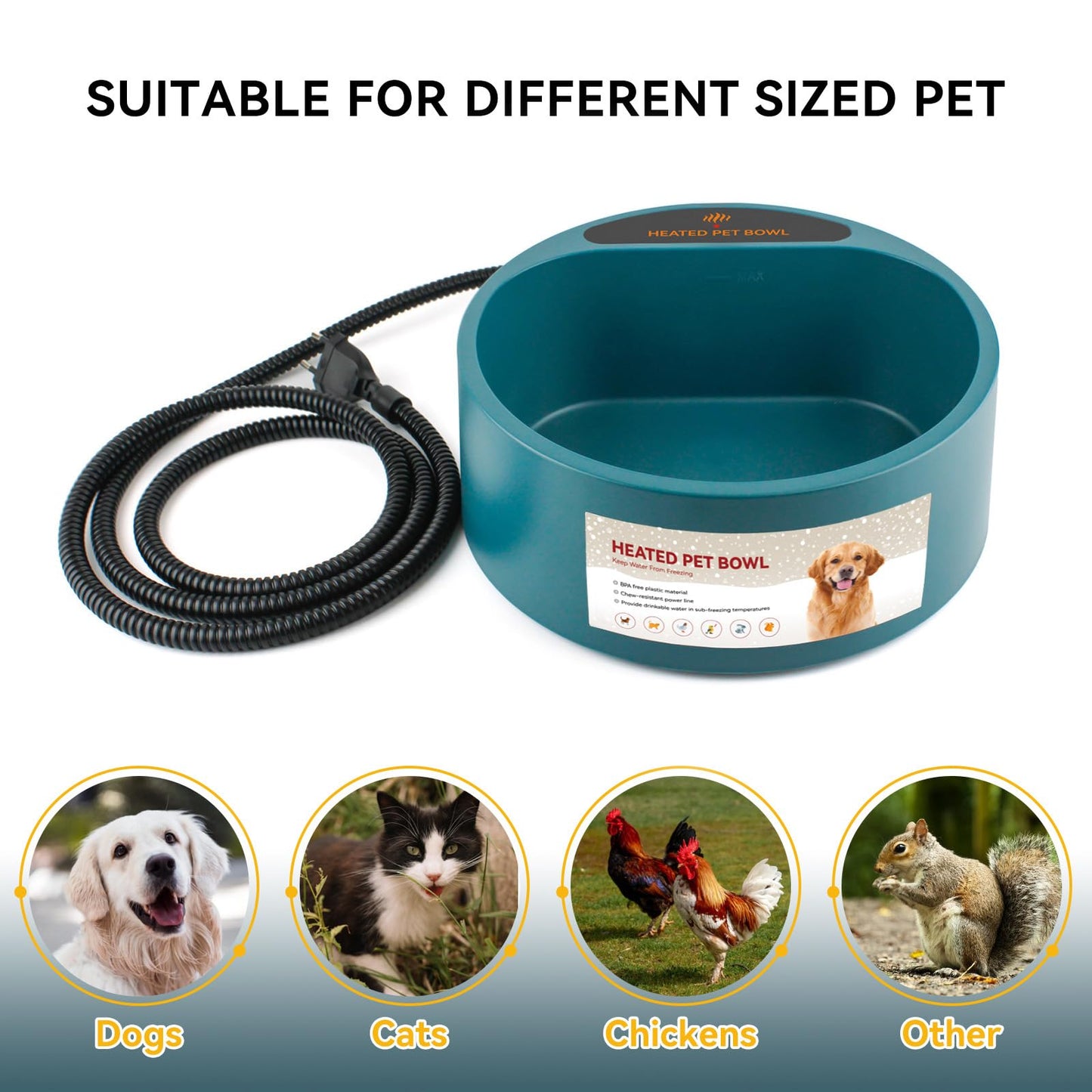 PETLESO Heated Dog Bowl, Heated Water Bowl for Outdoor Cats, Winter Dog Water Bowl with AntiBite Wire Heated Chicken Waterer Smart Thermal Bowl for Birds Chickens Feral Animals, 35W 2.2L