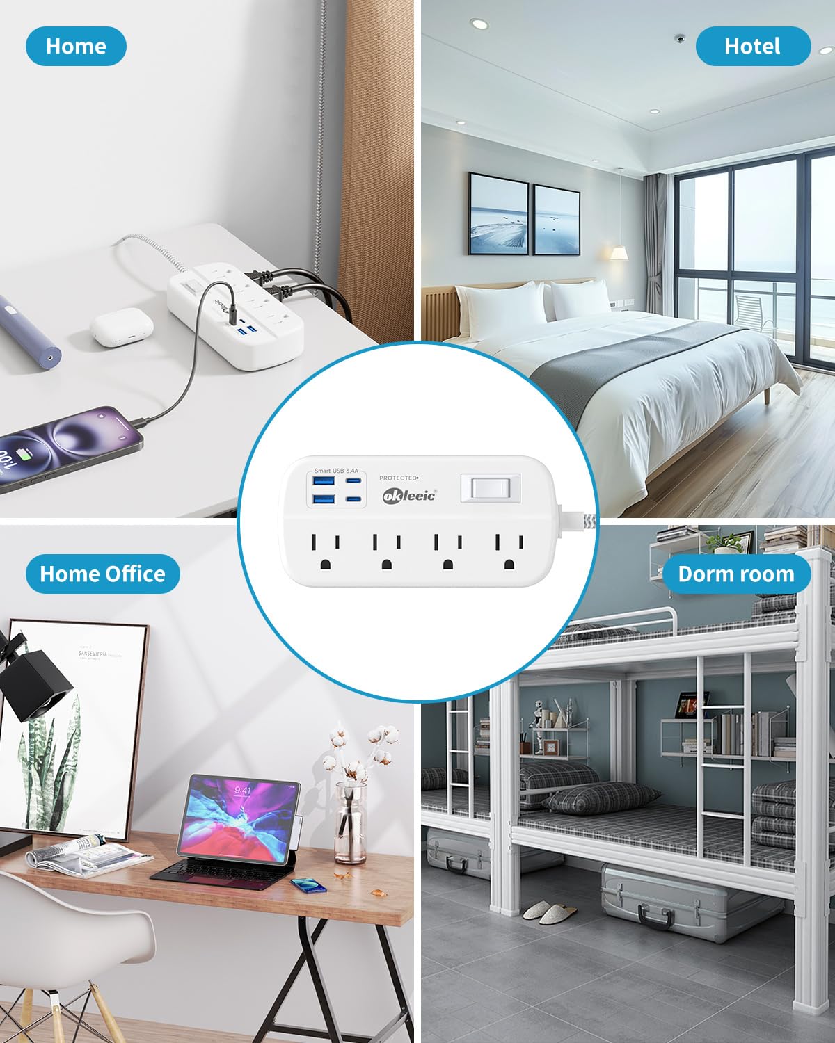 Power Strip with USB, 5Ft Travel Power Strip Surge Protector with 8 Outlets 4 USB(3.4A/17W) Charging Station, 13A/1625W 3 Prong Small Extension Cord Outlet Splitter, Wall Mount for Travel Office Dorm