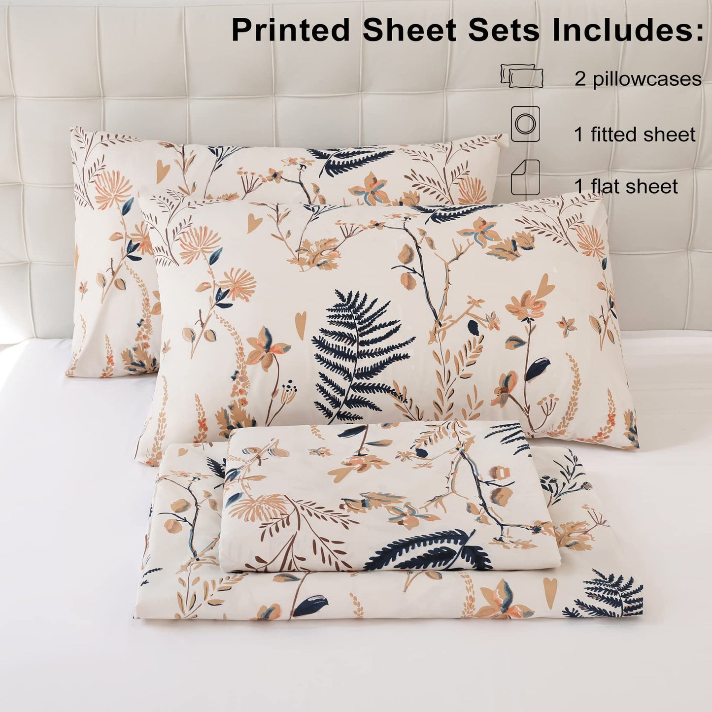 JSD Boho Floral Printed Sheet Set Queen Size 4 Piece, Soft Botanical Pattern Microfiber Sheets Extra Deep Pocket
