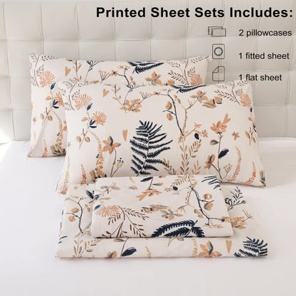 JSD Boho Floral Printed Sheet Set Queen Size 4 Piece, Soft Botanical Pattern Microfiber Sheets Extra Deep Pocket