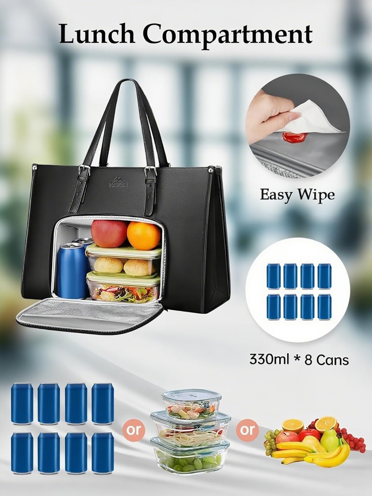 MATEIN Laptop Tote Bag with Insulated Lunch Compartment, 15.6 Inch PU Leather Briefcase with Leakproof Lunch Box Pocket for Women, Convertible Lightweight Computer Work Bag Handbag for Office, Black