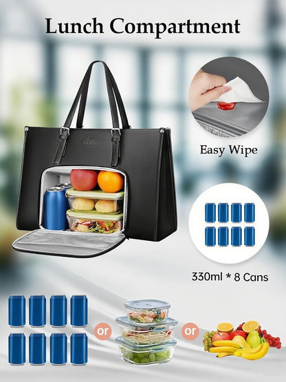 MATEIN Laptop Tote Bag with Insulated Lunch Compartment, 15.6 Inch PU Leather Briefcase with Leakproof Lunch Box Pocket for Women, Convertible Lightweight Computer Work Bag Handbag for Office, Black