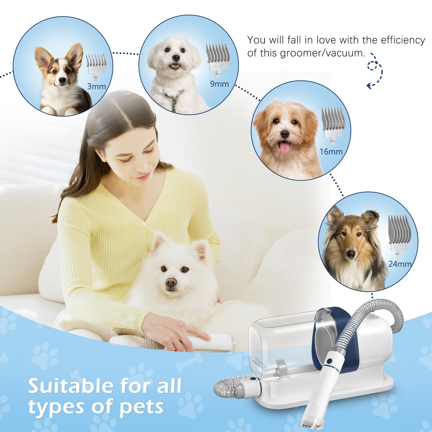 LMVVC Dog Grooming Vacuum, Pet Grooming Vacuum Kit 2.3L Suction 99% Pet Hair with 5 Tools for Dog Cat for Shedding Grooming, Low Noise (Blue & White)