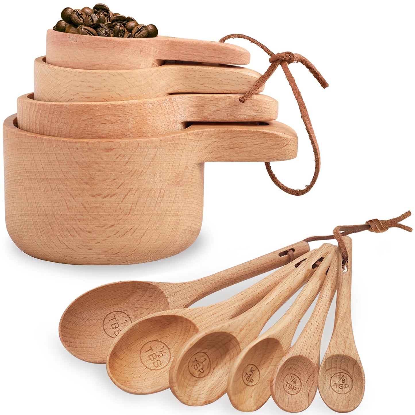 10 Piece Measuring Cups and Measuring Spoons Set, Handcrafted Wood Measuring Cups with Tablespoon Teaspoon Measuring spoons for Dry Ingredients, Natural Wooden Measuring Set for Cooking Baking