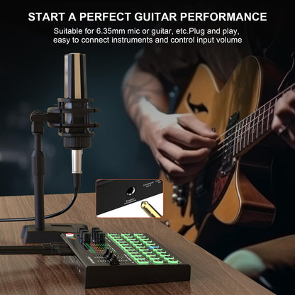 RHM Podcast Equipment Bundle, All-in-One Audio Interface DJ Mixer with Microphone, Stand, Monitor Earphone, Audio Mixer With Sound card for PC/Laptop/Phone, Streaming/Podcasting/Gaming