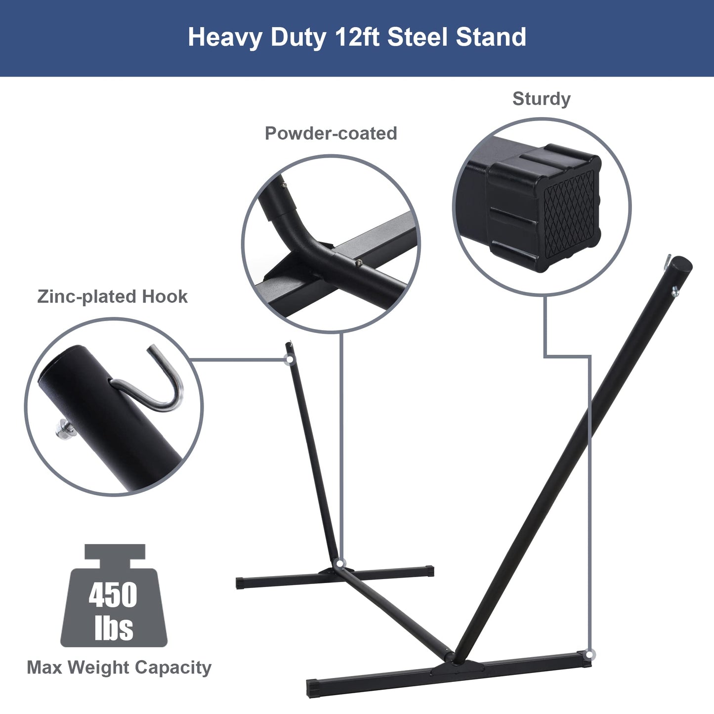 Mansion Home 12 Ft Yard Hammock with Stand, 2 Person Hammock Freestanding with Curved Spreader Bar, Large Hammocks for Outside with Pillow and Portable Bag, Heavy Duty 450 lbs, Blue Stripes