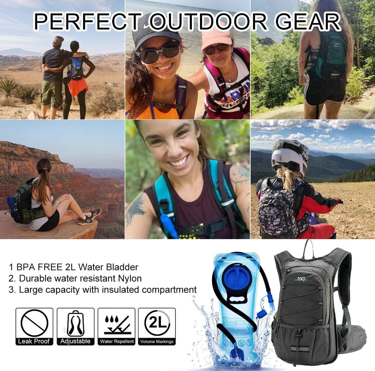 Insulated Hydration Backpack Pack with 2L BPA Free Bladder - Keeps Liquid Cool up to 5 Hours – for Running, Hiking, Cycling, Camping (Solid Grey)