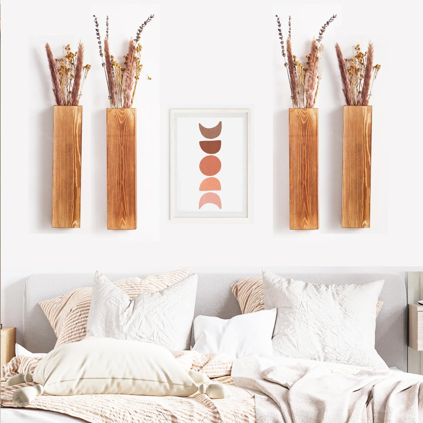Mokof 4-Pack Wood Wall Planters for Fake Plants and Dried Flowers Stems, 12" Slim Modern Wooden Vases Wall Decor for Living Room, Bedroom, Bathroom, Apartment