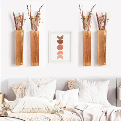 Mokof 4-Pack Wood Wall Planters for Fake Plants and Dried Flowers Stems, 12" Slim Modern Wooden Vases Wall Decor for Living Room, Bedroom, Bathroom, Apartment