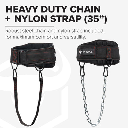 Advanced Dip Belt V2 – Heavy-Duty Weighted Belt with Reinforced Back, Chain & Nylon Strap – 3-Point Anchor D-Rings for Dips, Pull-Ups, Squats & More (XX-Large)