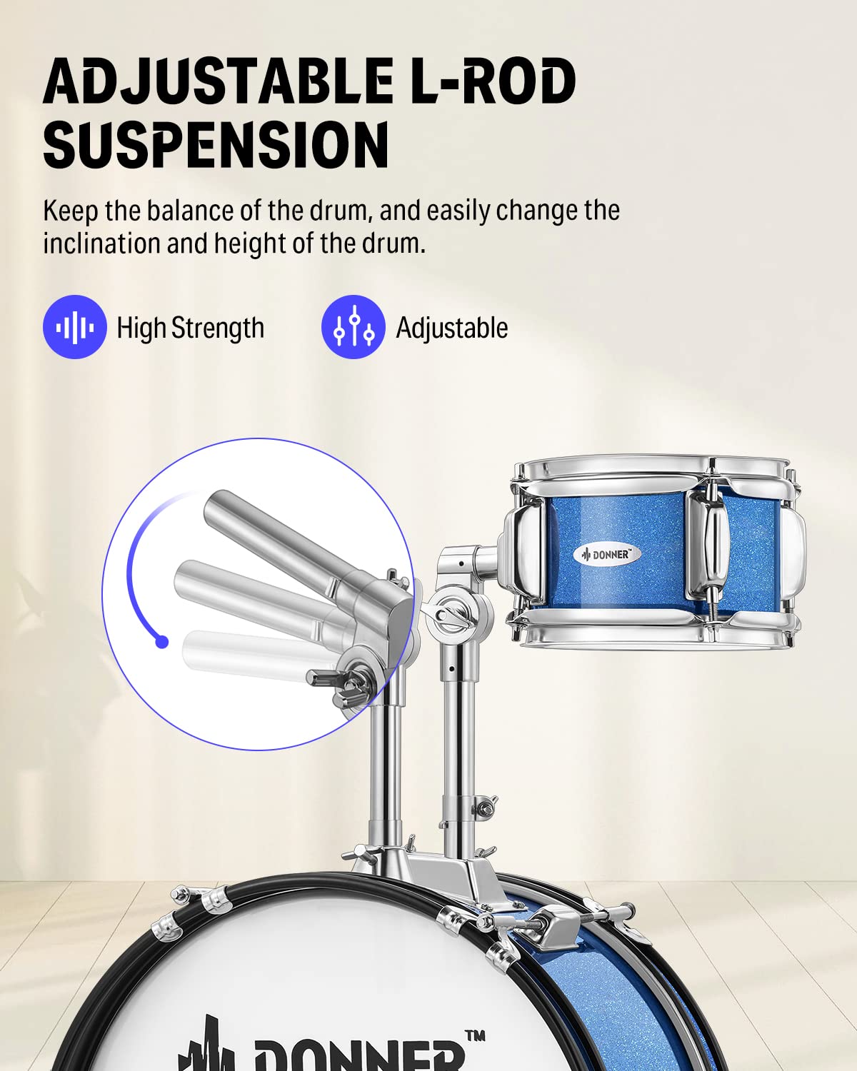 Kids Drum Sets-Donner 5-Piece for Beginners,14 inch Junior Drum Kit, with Adjustable Throne, Cymbal, Hi-Hat, Pedal & Drumstick, Present for Child-Blue