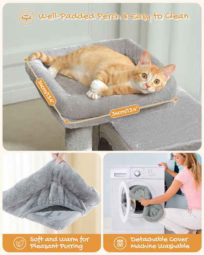 PAWZ Road Cat Tree, 30 Inches Cat Tower with Dual Condos for Indoor Cats, Plush Cat House with Padded Perch, Scratching Ramp and Posts and Replaceable Balls-Gray