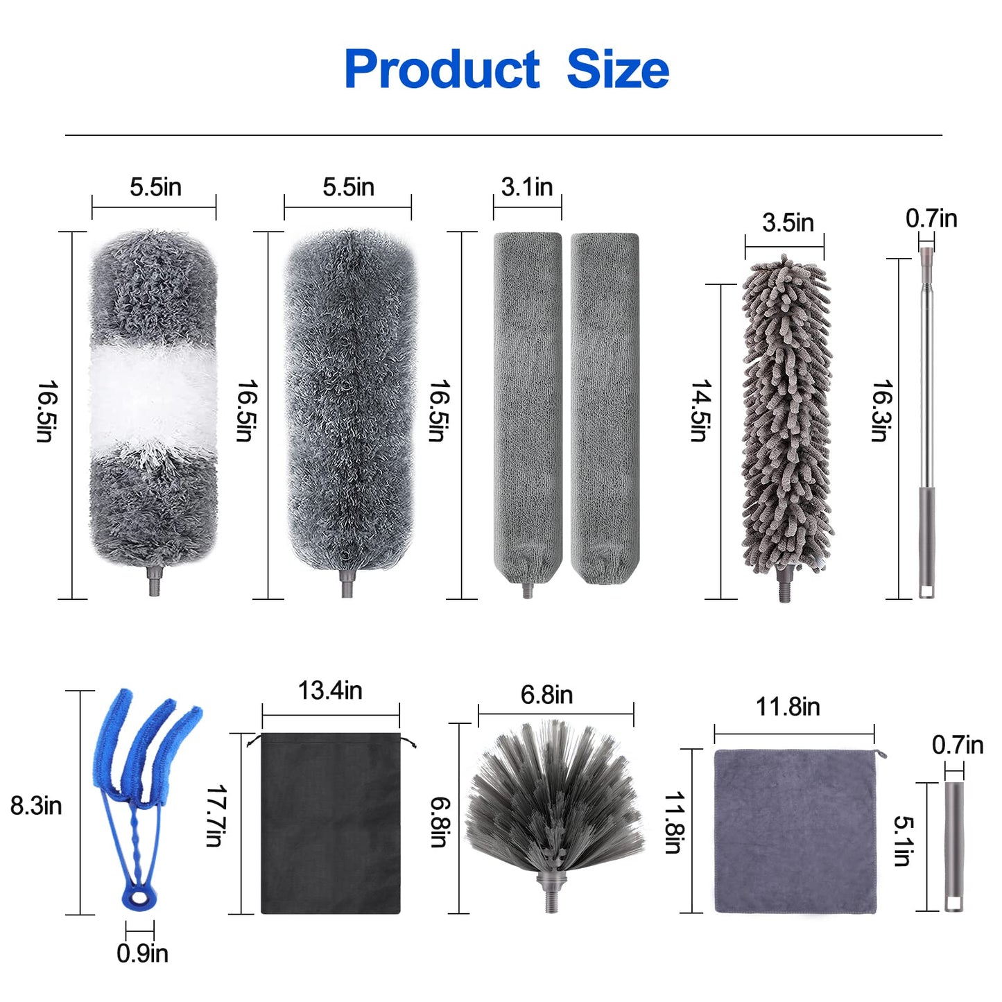 Microfiber Duster Kit (11PCS) - Washable Dusters with Extension Pole (30 to 100 in) for Cleaning Ceilings, Fans, Furniture