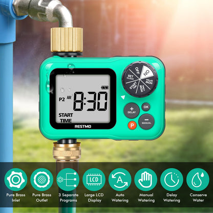 RESTMO Sprinkler Timer with Brass Inlet & Outlet, 3 Separate Programs Hose Timer, Programmable Water Timer for Garden Hose, Manual | Rain Delay | Automatic Watering System for Drip Irrigation and Lawn