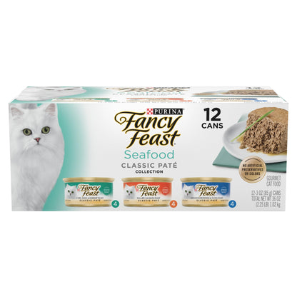 Purina Fancy Feast Seafood Classic Pate Collection Grain Free Wet Cat Food Variety Pack - (2 Packs of 12) 3 oz. Cans