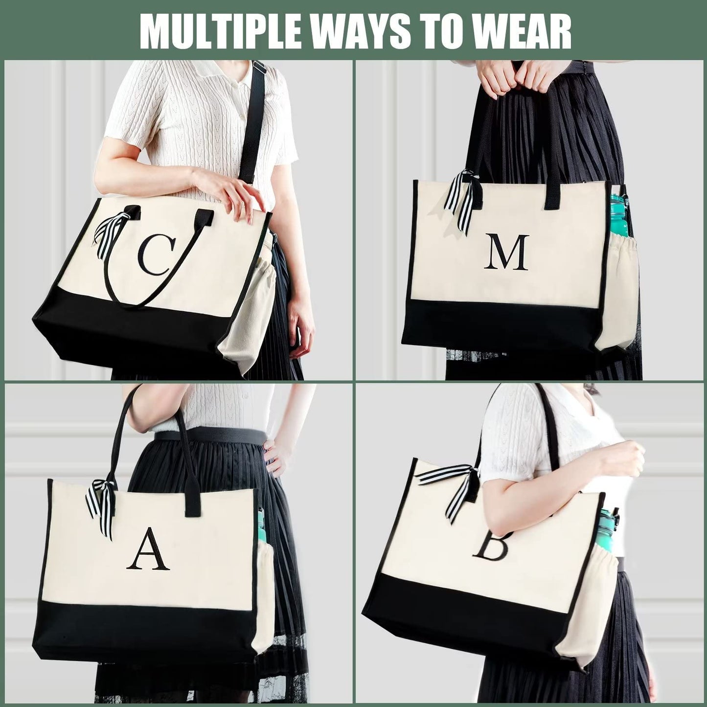 QLOVEA Canvas Beach Tote Bag Womens Birthday Gifts 16oz Personalized Initial Canvas Bag with Strap & Zipper & Pockets Monogrammed Embroidery Bridesmaid Gifts for Mom Sisters Friends Letter S