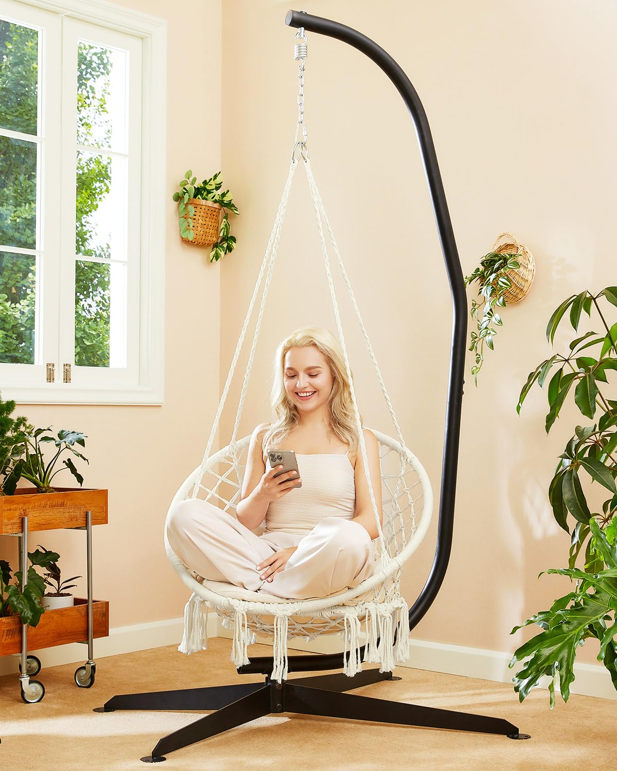 Greenstell Hammock Chair, Macrame Swing Chair with Comfy Cushion, Boho Hanging Chair for Outdoor & Indoor, Perfect for Bedroom, Patio, Balcony, Hold up to 330Lbs, White