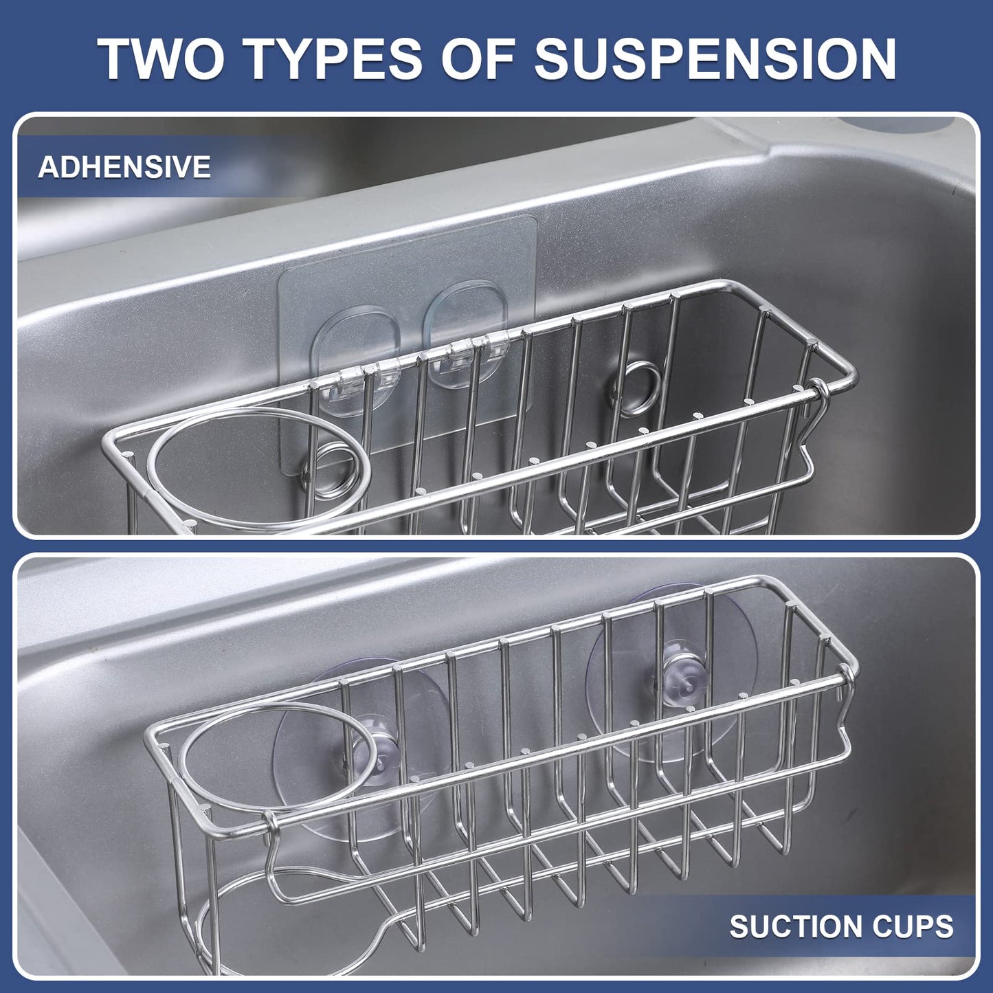 3-In-1 Sponge Holder for Kitchen Sink with Suction Cups & Adhesive Hook, In-sink Sponge Holder, Wall Hanging Sink Caddy Organizer Rack - Sponge, Dish Cloth, Brush, Scrubber - 304 Stainless Steel