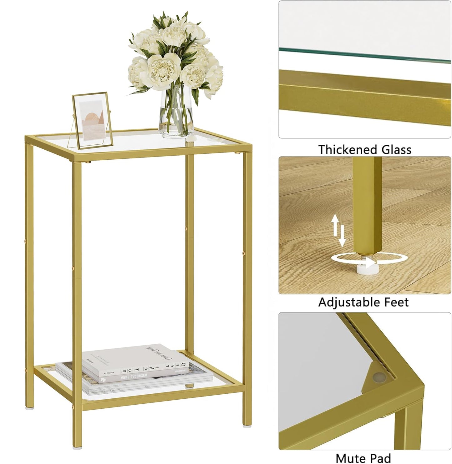 HOMSHO Side Tables Set of 2, End Tables with Tempered Glass, 2-Tier Nightstands with Storage Shelves, Coffee Table with Modern Style, Slim Sofa Table for Living Room, Bedroom, 11.8" D x 15" W, Golden