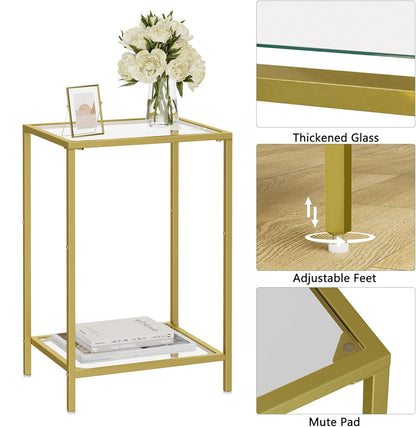 HOMSHO Side Tables Set of 2, End Tables with Tempered Glass, 2-Tier Nightstands with Storage Shelves, Coffee Table with Modern Style, Slim Sofa Table for Living Room, Bedroom, 11.8" D x 15" W, Golden
