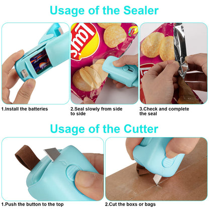 Mini Bag Sealer, Kenossion Chip Bag Sealer - Bag Sealer Heat Seal with Cutter & Magnet, Portable Mini Sealing Machine to Reseal Plastic Bags & Keep Snacks Fresh (2xAA Batteries Included), green