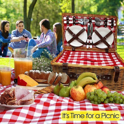 Nature Gear Picnic Basket, Wicker Basket with Handle for Outdoors, Insulated Woven Basket, Includes a Service Kit of Dinnerware & Wine Glasses, Picnic Basket Set for 4 with Blanket, Red & White
