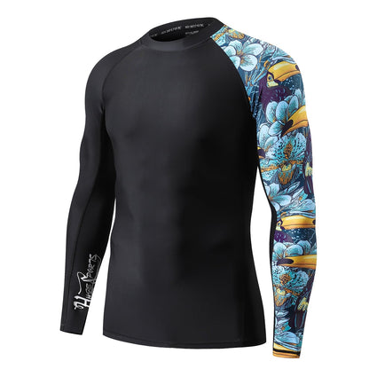 HUGE SPORTS Men's Splice UV Sun Protection UPF 50+ Skins Rash Guard Long Sleeves(HeyToucan, M)