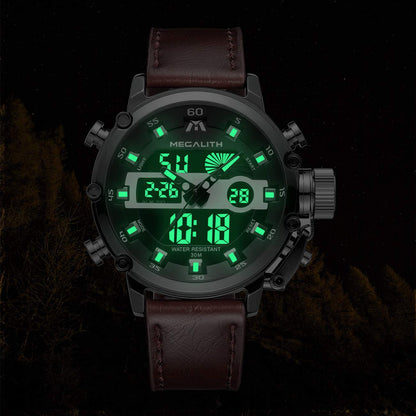 MEGALITH Mens Watches with Leather Waterproof Digital Military Sport Tactical Multifunction Heavy Duty Led Silver Watch for Men, Alarm Stopwatch