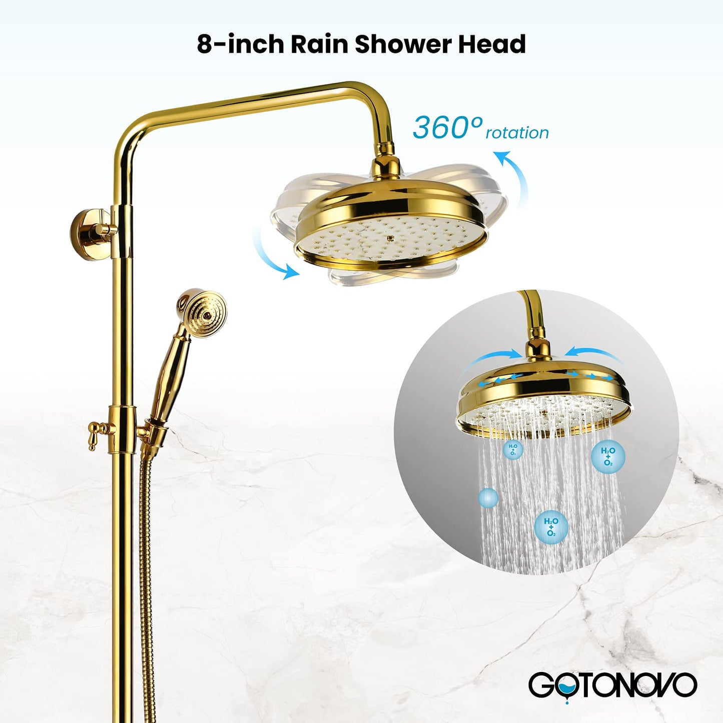 gotonovo Bathroom Shower Faucet Rain Mixer 8 Inch Round Shower Head Double Cross Handle with Tub Spout Wall Mount Bathroom Shower Fixtures 3 Function Metal Handheld Sprayer Polished Gold