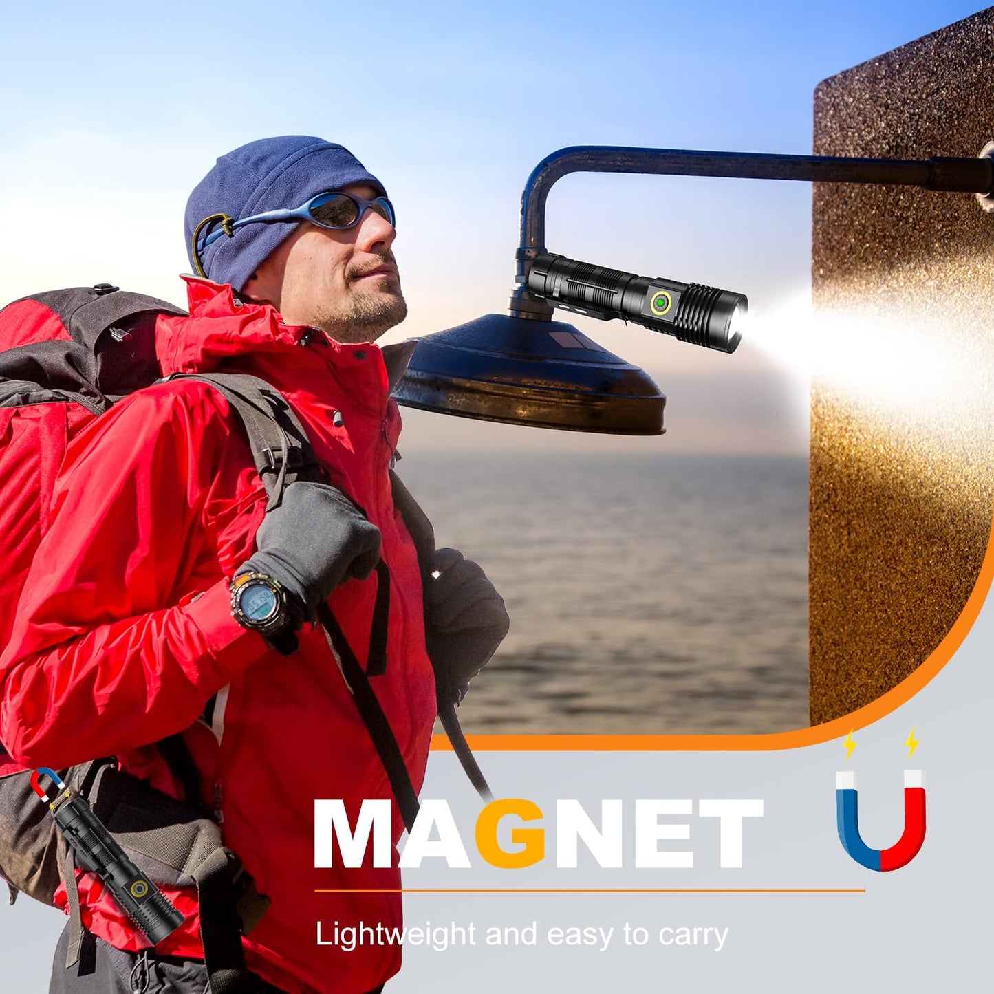 Rechargeable Tactical Flashlights High Lumens - 1500 Meters Long Beam Super Bright LED Magnetic Flashlight USB Zoomable 5Modes Small Long Beam Spotlight Flashlight for Hiking, Camping