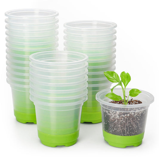 MIXC 30 Packs 4" Reinforced Clear Nursery Pots with Silicone Base for Easy Transplant, Transparent Plastic Plant Pot Reusable Seedling Pots Seed Starter Pots Flower Pot, Green