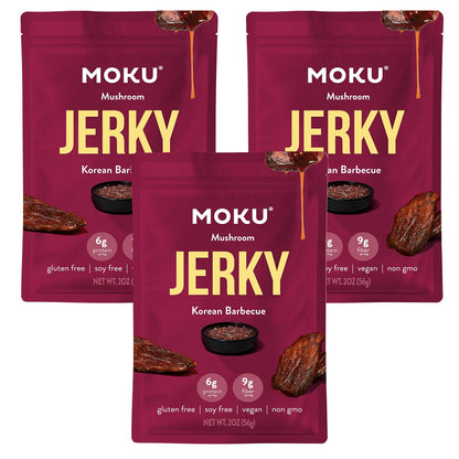 Moku Plant-Based Mushroom Jerky, Korean BBQ (3 Pack), Gluten Free, Soy-Free, Non-Gmo Vegan Snacks, No Artificial Sweetener Vegan Food, Healthy Snacks, 2.0 Oz Ea