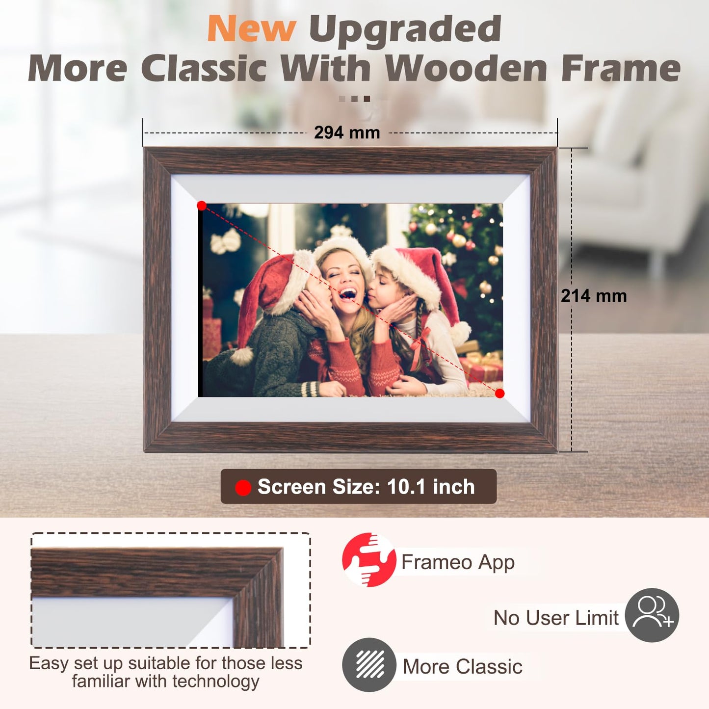 Frameo Digital Picture Frame WiFi 10.1inches Digital Photo Frame, Electronic Photo Frame Load from Phone, 1280x800 IPS Touch Screen HD Display, Auto-Rotate, Share Photos/Video-Great Gift(Brown Wood)
