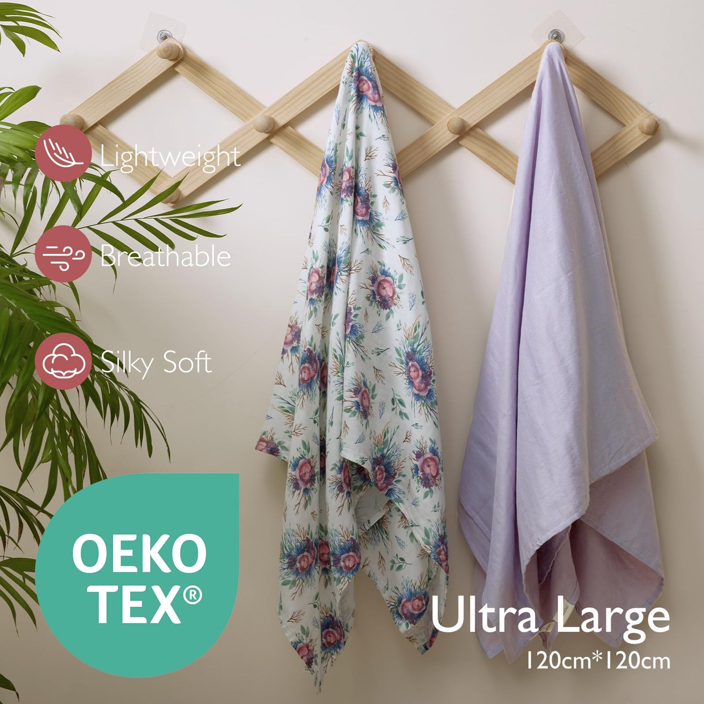 Momcozy Softness Upgrade Muslin Swaddle Blankets, Vivid Flower+Solid Purple Neutral Matching, 2 Pack Breathable 2-Layer Gauze Large 47'' x 47'' Swaddling Blanket Wraps for Newborn Baby Boys Girls