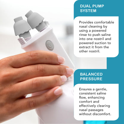 NASALFRESH MD Premium Bundle–Dual Powered Nasal Irrigation System Nasal Rinse and Wash, Sinus Decongestant Relief System, 60 Saline Packets, Case, Rechargeable, 2 Sets of Nose Pillows–Snoring Remedy