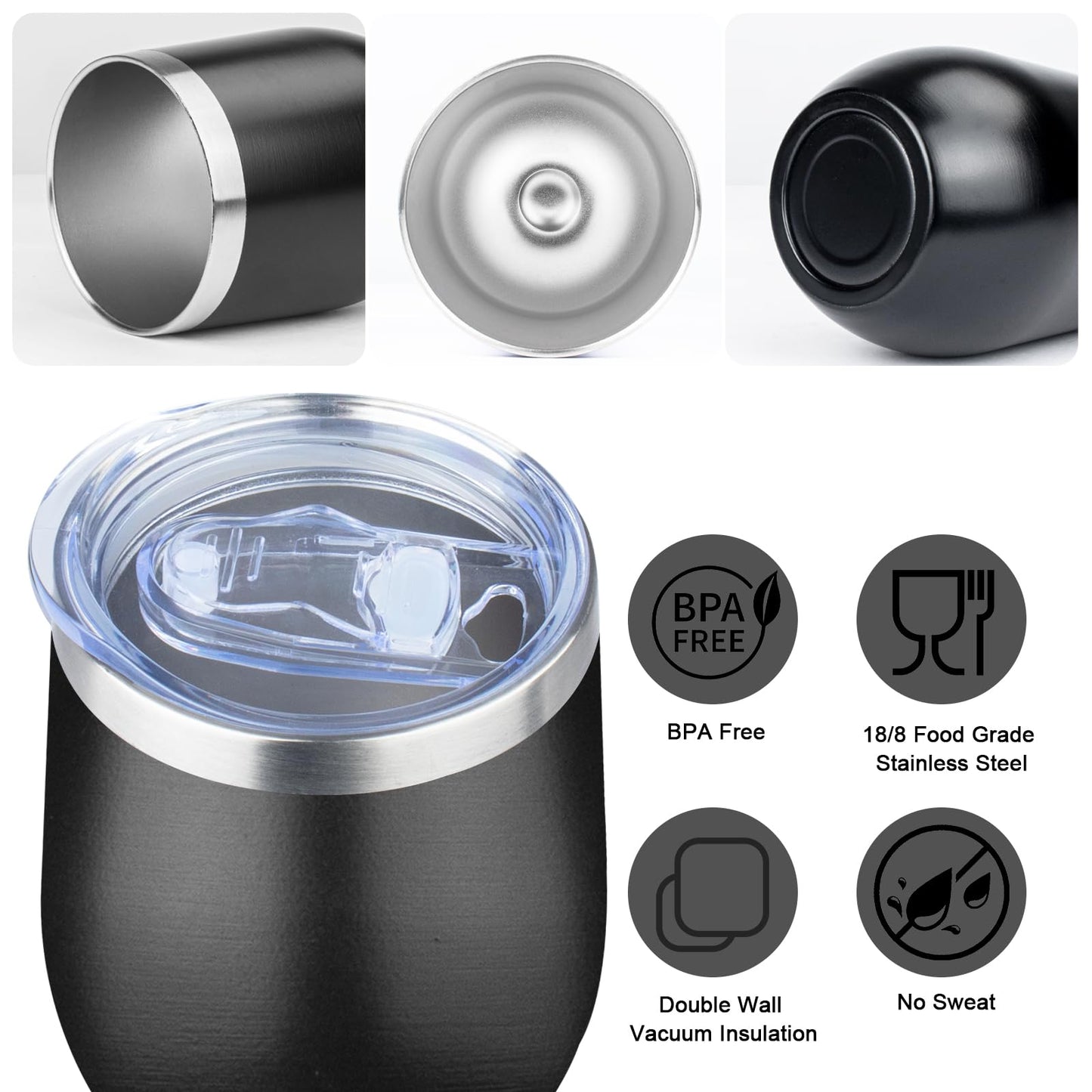 MEZMUT 12 Oz Insulated Wine Tumbler with Lid Double Wall Vacuum Stainless Steel Wine Glass Coffee Mug Insulated Tumbler Cup for Champaign, Cocktail, Beer (Black, 1 Pack)