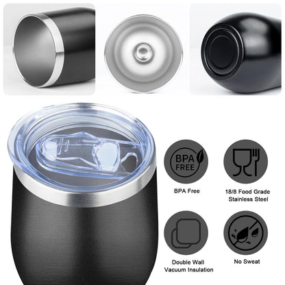 MEZMUT 12 Oz Insulated Wine Tumbler with Lid Double Wall Vacuum Stainless Steel Wine Glass Coffee Mug Insulated Tumbler Cup for Champaign, Cocktail, Beer (Black, 1 Pack)