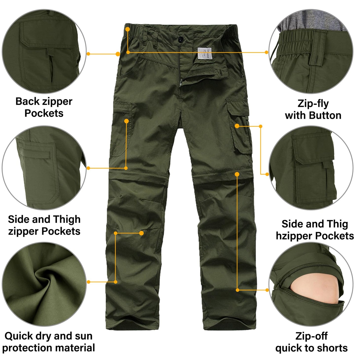 linlon Kids' Cargo Pants, Boy's Casual Outdoor Quick Dry Waterproof Hiking Climbing Convertible Trousers #9016-Army Green-XXS