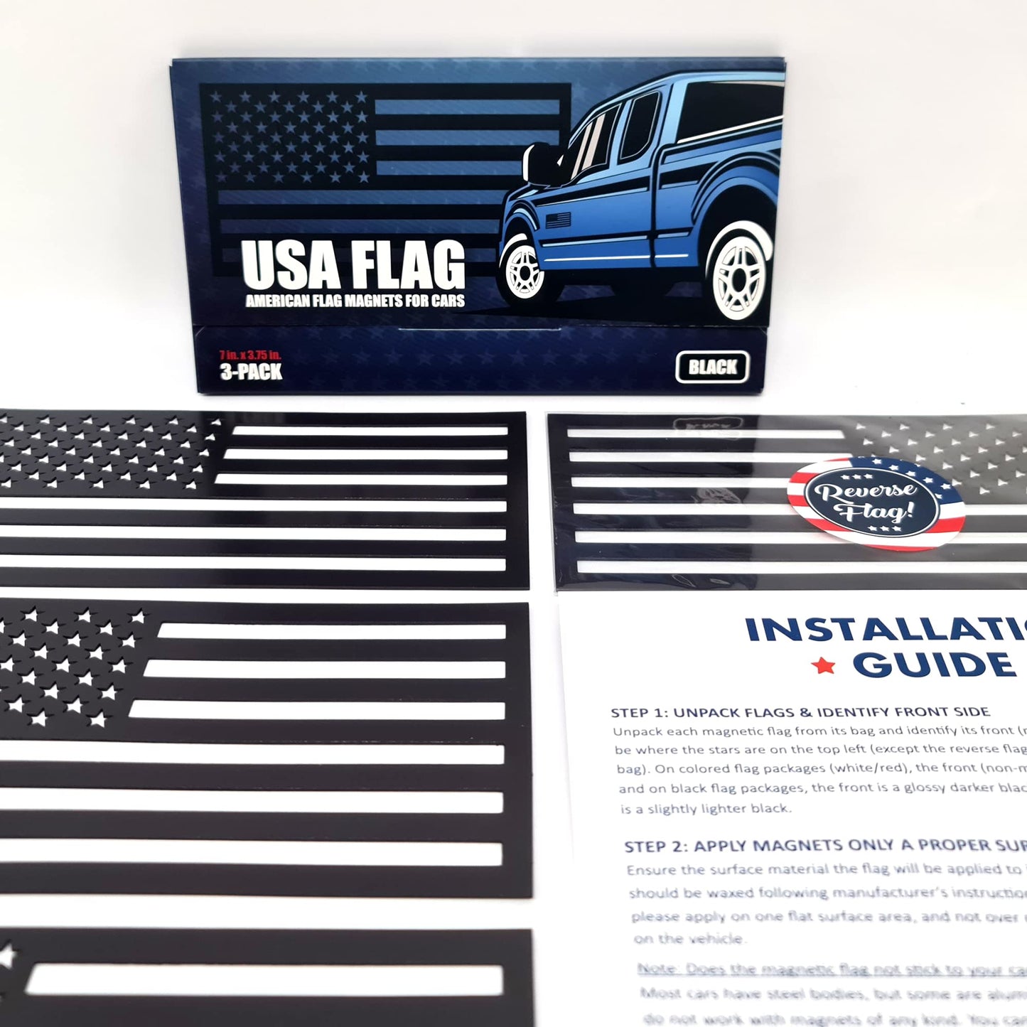 Premium American Flag Magnets for Trucks and Cars (3 Pack) + Bonus Reverse Design | Magnetic US Flags Cut-Out | Powerful Magnet - Will Never Fall Off Your Vehicle | Black | Not for Aluminum Cars