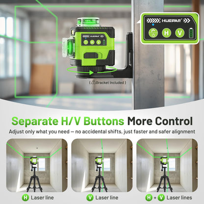 HUEPAR Laser Level 360 Self Leveling with LCD Screen, 3 x 360° High Brightness Rechargeable 3D Lazer Leveler Tool for Construction and Picture Hanging, Strong Magnetic Bracket&Hard Carry Case -Y03CG