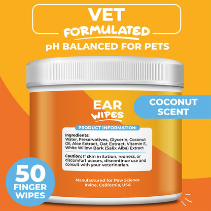 Paw Science Dog Ear Cleaner Wipes – Finger Wipes for Dogs & Cats – Cleaning, Soothing, & Deodorizing Itchy Ears – Pet Ear Relief Solution (Coconut)