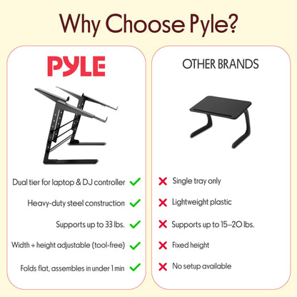 Pyle Portable Dual Laptop Stand - Standing Table with Adjustable Height, Ergonomic Design & Anti-Slip Prongs for DJ Mixer, Sound Equipment, Workstation, Gaming & Home Use - PLPTS38, Black