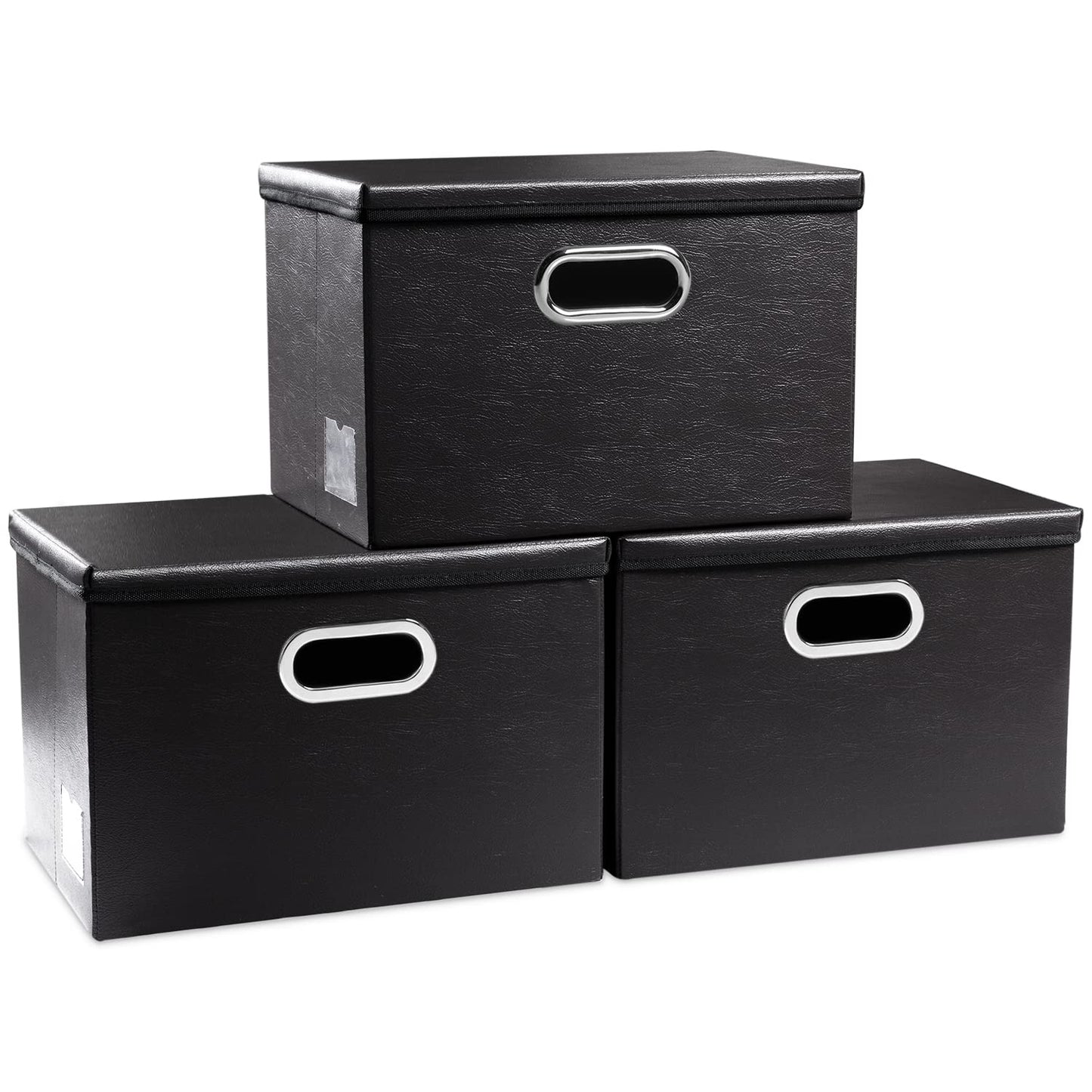 PRANDOM Collapsible Storage Bins with Lids [3-Pack] Leather Fabric Foldable Storage Boxes Organizer Containers Baskets Cube with Cover for Bedroom Closet Office Nursery Black (14.9x10.8x10)