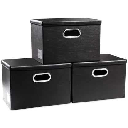 PRANDOM Collapsible Storage Bins with Lids [3-Pack] Leather Fabric Foldable Storage Boxes Organizer Containers Baskets Cube with Cover for Bedroom Closet Office Nursery Black (14.9x10.8x10)
